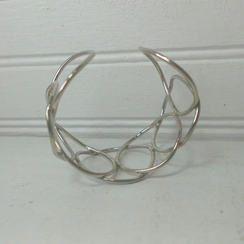 Y2K Silver Tone Wide Cuff Bracelet Open-work Chunky Circles Boho Modernist